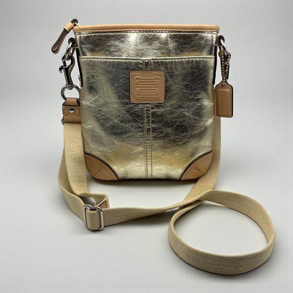 COACH 50168E Metallic Gold Swing Pack East Tan Leather Trim Crossbody Purse - Picture 1 of 10